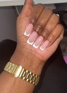 French Tip Acrylic Nails On Black Women, White French Tips On Brown Skin, Short White Square Acrylic Nails With Rhinestones, Short White Croc French Tip Nails, Short White Acrylic Nails Black Women, Work Appropriate Nails, Almond Acrylic Nails Designs