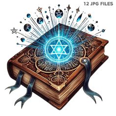 an open book with the star of david on it and blue lights coming out of it