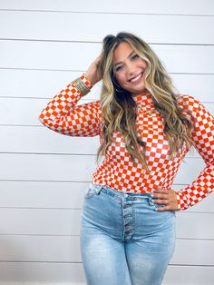 This checkered mesh top is perfect for our game days! This top can be worn alone with a bralette under, or can be worn under a tshirt! To be more sophisticated, you can add our orange blazer on top of it and go about your day. Model is 5’6 wearing a size Large. Kaley is normally a size Large in tops! Fit: Recommend staying true to size! Checked Shirt Outfit, Paisley Peacock, Orange Blazer, Check Shirt, Dress Romper, Shirt Outfit, Mesh Top, Pajama Set, Bralette