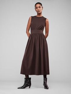 BANDED JERSEY BUTTON DRESS CHOCOLATE BROWN Chic Sleeveless Midi Dress With Fitted Waist, Ruched Sleeveless Midi Dress For Work, Ruched Midi Length Sleeveless Dress For Work, Classic Sleeveless Midi Dress With Pleated Waist, Brown Cotton Midi Dress For Work, Chic Cotton Midi Dress With Pleated Waist, Classic Sleeveless Midi Dress For Daywear, Chic Midi Dress With Gathered Waist For Fall, Brown Cotton Midi Dress For Daywear