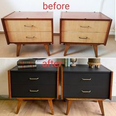 two black and brown dressers with gold handles before and after reupholing