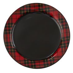 a red and black plate with a plaid pattern on the rim is sitting in front of a white background