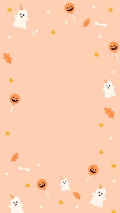 an orange halloween background with ghost, pumpkins and stars