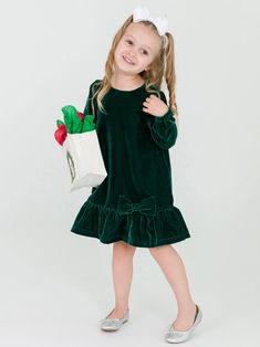 Elevate her wardrobe with our Velvet Long Sleeve Drop Waist Dress. Crafted from luxurious velvet fabric, this dress offers both comfort and sophistication making it perfect for Christmas photos and holiday parties. The elegant drop waist design, paired with the soft long sleeves, creates a charming ensemble for special occasions and picture perfect moments. Flower Girl Dresses Long Sleeve, Ruffle Velvet Dress, Satin Long Sleeve Dress, Green Flower Girl Dresses, Girls Holiday Outfit, Joy Dress, Dress For Kids, Green Velvet Dress, Satin Long Sleeve