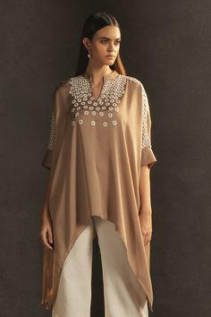 Buy Beige Satin Embroidery Band Collar Asymmetric Kaftan Tunic For Women by Namrata Joshipura Online at Aza Fashions. Women Blouses Fashion, Indo Western Dress, Cotton Kurti Designs, Unique Blouse