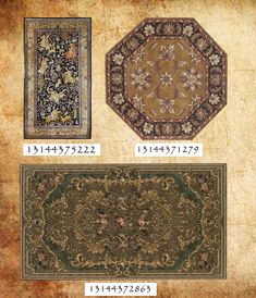 four different rugs are shown in three different colors and sizes, each with an ornate design