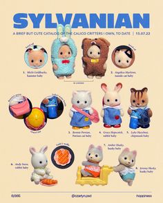 an advertisement for sylvanian toys featuring stuffed animals and other toy related items