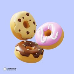 three donuts with chocolate and sprinkles are flying in the air on a blue background