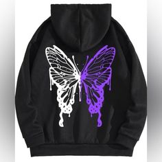 Black Zip Up Hoodie With White And Purple Butterfly On The Back. Size Medium. New Without Tags Fabric Butterfly, Stylish Hoodies, Women Sweatshirts, Lined Hoodie, Cool Hoodies, Knit Sweatshirt, Really Cute Outfits, Butterfly Print, Hoodie Design