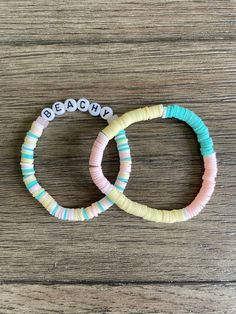 Handmade by a talented young artist! One-of-a-kind! pastel colored - summer beachy bracelets.  Theme: BEACHY  Size: 7.00 inch diameter  Set: 2 Bracelets Cute Summer Accessories, Pastel Clay Bead Bracelet, Pastel Bracelets, Body Jewelry Diy, Beachy Bracelets, Clay Bracelets