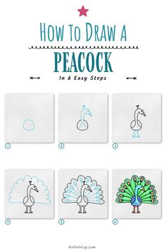 Step by step images demonstrating a how to draw a peacock - A Drawing Lesson for Kids! Peacock For Kids, Bird Drawing For Kids, Simple Bird Drawing, Birds For Kids, Toddler Drawing, Drawing Lesson, Drawing Tutorials For Kids, Drawing Guide, Easy Drawings For Kids