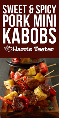 sweet and spicy pork mini kabobs on skewers with text overlay