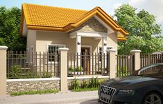 a car is parked in front of a house with a yellow roof and white pillars