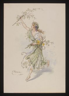 a drawing of a woman with flowers in her hair and holding a flower branch up to the sky