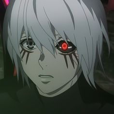 an anime character with white hair and red eyes looks at the camera while staring into the distance