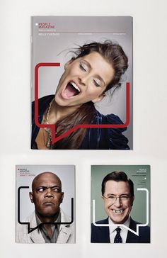 three magazine covers with two people laughing and one man standing in front of the camera