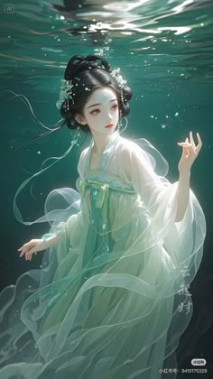 a woman in a green dress under water