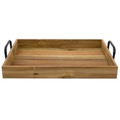 a wooden tray with metal handles is shown