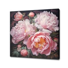 pink peonies and other flowers on a black background canvas wall art print, 18x16