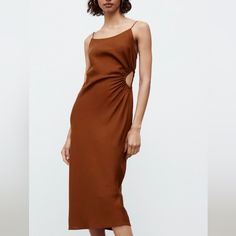 Cut Out Linen Blend Dress Brown Sheath Midi Dress For Date Night, Chic Brown Midi Dress For Cocktail Events, Chic Brown Midi Dress For Cocktail, Brown Evening Slip Dress For Spring, Chic Brown Sheath Midi Dress, Brown Sheath Dress For Date Night, Elegant Brown Maxi Dress For Day Out, Casual Brown Dress For Evening, Casual Brown Evening Dress