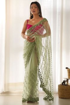 Pistachio Green Embroidered Net Saree for Party Pista Colour, Saree Designs Latest, Latest Saree Designs, Saree For Party, Saree With Contrast Blouse, Contemporary Saree, Lehenga Style Saree, Designer Sarees Wedding, Readymade Salwar Kameez