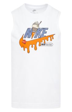 Nike logo art melts like ice cream down the front of a tank made for kids who like to play and relax in the delicious comfort of cotton. 60% cotton, 40% polyester Machine wash, tumble dry Imported Playful White Cotton Tank Top, White Casual Nike Tank Top, Casual White Nike Tank Top, Fun White Cotton Tank Top, Playful White Nike Tops, Fun Cotton Tank Top With Graphic Print, Fun White Tank Top, Sleeveless Cotton Nike Top, White Cotton Tank Top With Logo Print