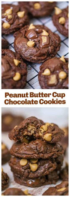 chocolate peanut butter cup cookies stacked on top of each other with the title above it