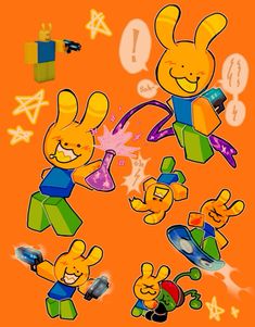 an image of some cartoon characters with different expressions on orange and blue background, including the character