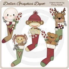 three christmas sock dolls and two teddy bears with candy canes in their hands, one holding