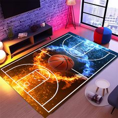 a living room with a basketball court on the floor and neon lights in the ceiling