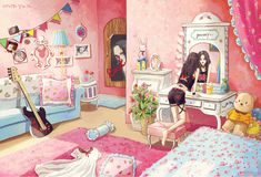 Bedroom Illustration, Room Illustration, Book Photos, Shojo Anime, Digital Inspiration, Kawaii Illustration, Anime Room, Single Girl