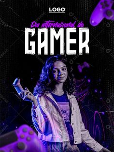 a woman holding a video game controller in her hand with the words gamer on it