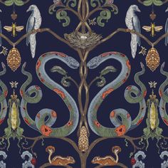 an intricately designed wallpaper with birds and snakes on it's sides, in blue