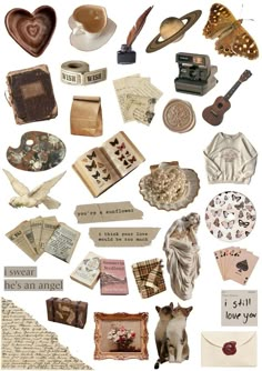 an assortment of old fashioned items are arranged in the shape of a collage with words and pictures