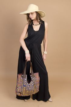 70's Jumper Bohemian Wide Leg Maxi Dress For Summer, Bohemian Wide Cut Summer Maxi Dress, Casual Wide Leg Maxi Dress For Vacation, Chic Rayon Jumpsuits And Rompers For Summer, Chic Summer Rayon Jumpsuits And Rompers, Black Maxi Length Casual Jumpsuits And Rompers, Sleeveless Rayon Jumpsuits And Rompers For Beach, Sleeveless Rayon Jumpsuit For The Beach, Sleeveless Rayon Jumpsuit For Beach