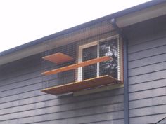 a bird cage on the side of a house