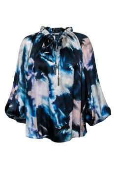 Current Boutique-Love Sam - Blue & Cream Watercolor Print Blouse w/ Bell Sleeves & Tassels Sz M Blue Tie Neck Tops For Spring, Bohemian Blue Top With Blouson Sleeves, Chic Blue Top With Abstract Print, Blue Blouse With Abstract Print For Fall, Bohemian Blue Tops With Abstract Print, Blue Bohemian Tops With Abstract Print, Bohemian Blue Blouse With Blouson Sleeves, Blue Bohemian Blouse With Blouson Sleeves, Spring Blue Tops With Blouson Sleeves