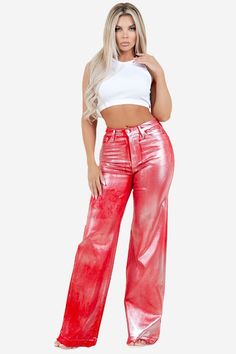 Add some sparkle to your wardrobe with our Metallic Wide Leg Jean in Red. Size up if in between. These jeans will have you shining like a diamond, with a playful and eye-catching sheen. Stand out from the crowd in these quirky and fun pants that add a unique twist to any outfit. Elevate your denim game with our Metallic Wide Leg Jean in Red! These glamorous jean features front and back pockets, button and zipper closure, and a soft stretch fabric for ultimate comfort. Garment Dyed and Hand-pressed with metallic foil in Los Angeles for a unique touch. Inseam 34.5"This garment is made to order and is Final Sale.Made in USA Silhouette: wide leg Fit: High Rise/Runs Small Embellishment: metallic foil Length: Full Length Closure: button, zipper Made In: USA Fabric Contents: 98% Cotton, 2% Spande Trendy Shiny Bottoms For Fall, Glamorous Shiny Summer Bottoms, Chic Red High Waist Jeans, Chic Red High-waist Jeans, Chic High Waist Red Jeans, Red Stretch Wide Leg Jeans, Red Stretch Wide-leg Jeans, Chic Fitted Red Jeans, Trendy Metallic Wide Leg Jeans