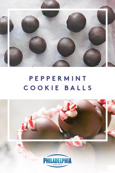 there are chocolate candies and candy balls on the table with words peppermint cookie balls