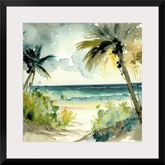 watercolor painting of palm trees on the beach