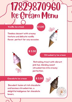 the menu for an ice cream shop is shown in pink and white colors, with different flavors