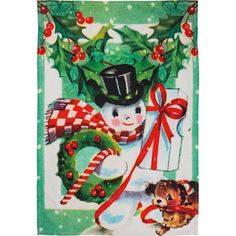 a christmas card with a snowman holding a wreath