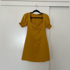 Yellow Dress From Forever 21 Size Small Never Worn, Perfect Condition Trendy Yellow Mini Dress With Short Sleeves, Trendy Yellow Short Sleeve Mini Dress, Yellow Mini Dress With Short Sleeves For Date Night, Yellow Short Sleeve Mini Dress For Date Night, Yellow Short Sleeve Dress For Date Night, Fitted Mustard Mini Dress For Day Out, Square Neck Dress, Yellow Dress, Gold Yellow