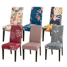 four different colored chairs with floral designs on them and one has a flower design on the back