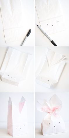 the steps to make a diy gift bag with tissue paper and ribbon tied around it