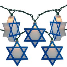 the star of david lights are hanging from wires