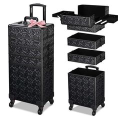 This Byootique 4-in-1 Makeup Train Case features classic black textured surface, delivering stylish & elegant style. It is equipped with 8 lockable latches for security, along with swivel wheels for easy transportation. Its 4-in-1 customizable structure provides large and versatile storage for cosmetics, ideal for beginner to professional makeup artists. Mermaid Black Design - Byootique 4-in-1 Makeup Train Case features mermaid black design reminiscent of the starry sky, evoking a touch of under Trolley Organizer, Fake Makeup, Makeup Train Case, Makeup Training, Swivel Wheels, Gradient Design, Train Case, Professional Makeup Artist, Small Organization