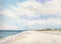 a watercolor painting of a beach with people walking on the sand and clouds in the sky