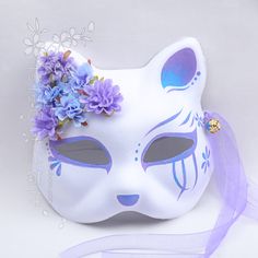 Japanese kimono fox cat mask hand painted anime purple blue gradient silk flower bell cosplay Anime Purple, Cat Mask, Blue Gradient, Silk Flower, Japanese Kimono, Silk Flowers, Blue And Purple, Fox, Mask