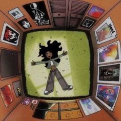 an image of a cartoon character in the middle of a television screen with many pictures on it